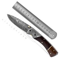 Pisau Lipat Baja Damaskus Buatan Tangan 25mm Gagang Lembaran Micarta untuk Aktivitas Luar Ruangan EDC Berkemah Bertahan Hidup Taktis OEM 58-62 HRC