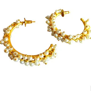 2024 Fashion Indian Design Brass Hoop Earrings Natural White Freshwater Pearl Earrings For Women Circle Fine Earrings