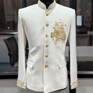 <b>Mens</b> Ivory Traditional Wedding Sherwani Jacket Zari Embroidery Elephant Motif Designer Bandhgala Indo Western Groom Party - Product Image 1