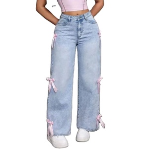 Mid Waist Women Straight Leg Jeans <b>Wide</b> Fit Denim Breathable Quick Dry <b>Ribbon</b> Bow Style - Product Image 2