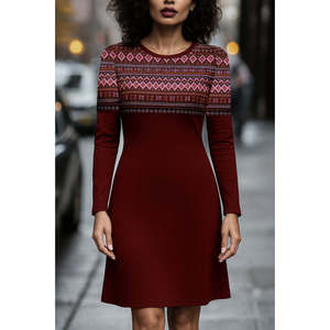 Vestido corto de forro polar con estampado étnico y cuello redondo de manga larga para mujer, 28636 - Borgoña - Product Image 1
