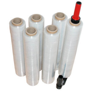 Rollo de película de PE de alta resistencia a la tracción, estiramiento Manual, 500mm de ancho, 300m de longitud, logotipo liso brillante, rollo de fundición suave para embalaje de comestibles - Product Image 1