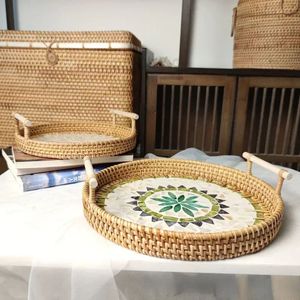 Handmade Decorative Rattan Jute <b>Serving</b> <b>Tray</b> With Bone Inlay Finishing Set of 3 <b>Rounded</b> Shape Food Server <b>Tray</b> - Product Image 3