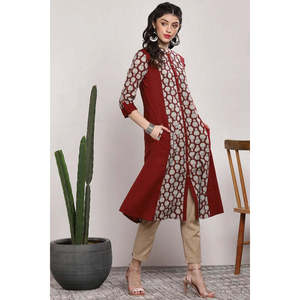 ชุดคุร์ตะผ้าฝ้ายทรงเอพิมพ์ลายสีน้ำตาลแดงสำหรับผู้หญิงที่สวมใส่สบาย - Product Image 1