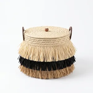 Boîte de rangement et d'organisation ronde en raphia, décoration bohème, avec franges et couvercle pour l'organisation de la maison - Product Image 2
