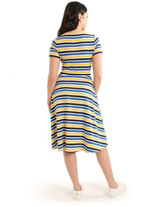 Vestido Midi Casual de Moda para Mujer, Manga Corta, Cinturón de Tela, Corte Entallado, Falda con Vuelo, Jersey a Rayas en Color Marfil - Product Image 2