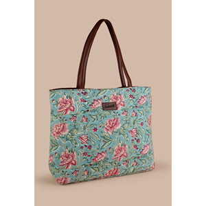 Aqua Quilted Cotton Canvas Large <b>Tote</b> <b>Bag</b>-Hand Block Printed <b>Summer</b> Fashion - Product Image 1