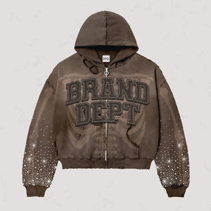 Sweat à capuche d'hiver personnalisé OEM de haute qualité, 100% coton, avec lettres brodées, effet vieilli, délavé au soleil, strass brillants - Product Image 4