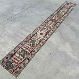 Vintage <b>Runner</b> Rug 1.4x10.5 ft, <b>Red</b> Solid Turkish Wool Rug - Product Image 4