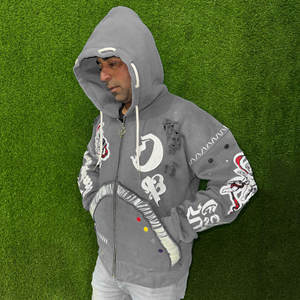 Sweat à capuche oversize en polaire brodé style urbain automne, fermeture éclair de haute qualité, coton mélangé délavé effet soleil, écologique - Product Image 3