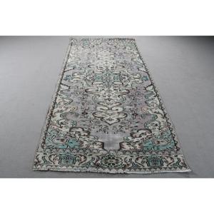 Alfombra vintage de 4,2x9 pies, alfombra de lana turca gris azul con motivos de plantas y árboles - Product Image 1