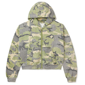 Nuevo OEM personalizado cremallera francés Terry Streetwear Boxy Fit recortado diamante camuflaje Sudadera con capucha 480gsm peso pesado allover Rhinestone - Product Image 3