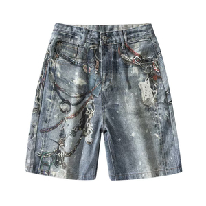 "men's <b>shorts</b> <b>High</b> Street Vintage Washed Denim <b>Shorts</b> Breathable Mid <b>Waist</b> Casual Straight <b>Jeans</b> Button" - Product Image 1