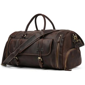 Sac de sport en cuir véritable de grande capacité pour hommes Sacs de voyage imperméables à la mode vintage avec fermeture à glissière - Product Image 2