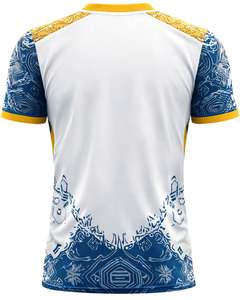 Camiseta Deportiva Personalizada para Hombre con Cuello en V, Blanca, Azul y Dorada, Estampada, de Poliéster, Secado Rápido, Transpirable, Jersey Atlético, OEM Personalizado - Product Image 2