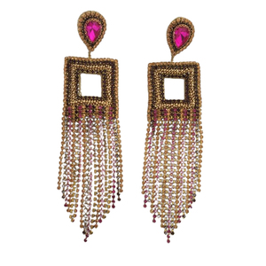 Pendientes de borlas de piedra de cadena fucsia de diseño elegante hecho a mano de 13cm de largo para mujeres y niñas, ropa de fiesta de noche bordada a mano - Product Image 1