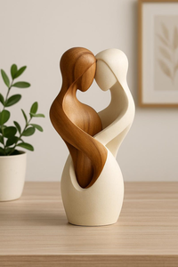 Statue d'amoureux en bois artisanale Sculpture abstraite de couple romantique Décoration d'intérieur haut de gamme - Product Image 5