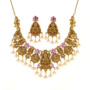 ชุดสร้อยคอสไตล์อินเดียใต้แบบแผ่นเคลือบทองทำด้วยมือ214319ไข่มุก - Product Image 1