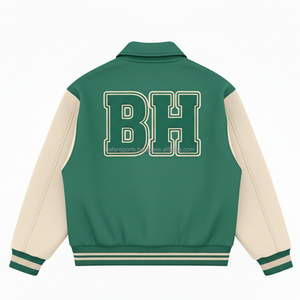 Chaqueta universitaria de tela de lana Unisex 450 GSM, cuerpo verde, mangas Beige, bordado personalizado, Chenille, logotipo de letras, chaqueta universitaria para mujer - Product Image 2