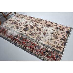 4.1x7.4 ft Area Vintage Rug, Turkish Rug, <b>Red</b> Blue Plants & trees <b>Wool</b> Rug - Product Image 1