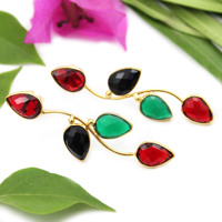 À la mode feuille mode 22K plaqué or rouge grenat vert noir Onyx pierre lunette longues boucles d'oreilles bijoux superbes pour noël
