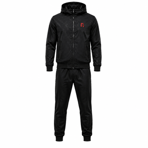 Men's Black Hooded Tracksuit Set Full Zipper Letter Print Casual Sportswear with Side Pockets and Logo Front Windbreaker Set - Product Image 1