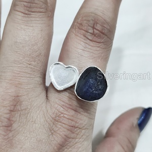 Joyería de piedra en bruto, anillo para mujer, zafiro azul Natural, piedra preciosa, piedra natal de septiembre, corazón ajustable, anillo de Plata de Ley 925 - Product Image 4