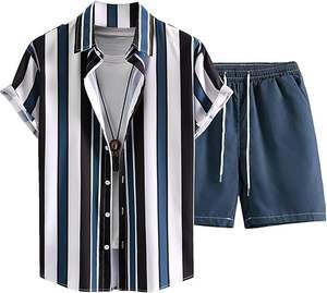 Ensemble deux pièces de luxe rayé pour homme, chemise à manches courtes et short, tendance printemps-été, vente en gros - Product Image 4