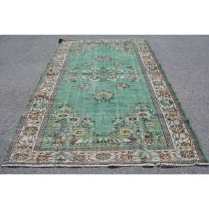 Tapis d'appoint vintage turc grand format, écologique, à poils moyens, vert beige classique, 5,9 x 8,8 pi, en laine et latex, patchwork, pour adolescents - Product Image 1
