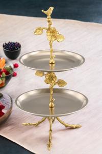 Support à gâteau de luxe à 2 niveaux en métal doré, motif oiseaux et fleurs, plateau de service décoratif pour desserts, idéal pour mariages, fêtes et décoration intérieure - Product Image 3