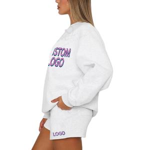Custom Embossed Printed Puff Printing Logo Winter Solid Casual Women Sweatshirts Shorts Set Breathable <b>Polyester</b> <b>Hoodies</b> Top - Product Image 4