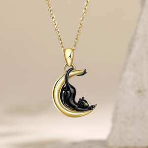 Jeulia Sterling Silver <b>Black</b> <b>Cat</b> Crescent Moon Necklace with Zircon - Product Image 4