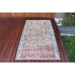 Alfombra Vintage de 3.3x5.4 pies, Alfombra Turca Decorativa, Alfombra de Lana Ikat Azul - Product Image 1