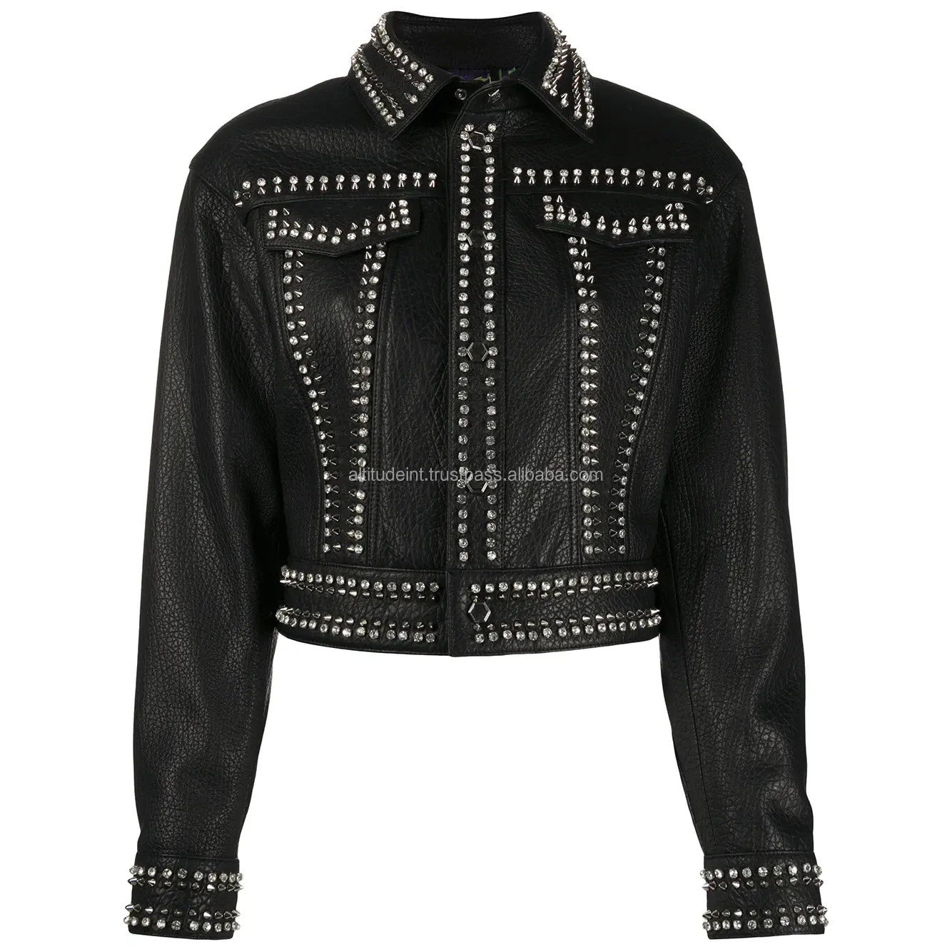 Classic Stylish Cool Girls Silver Studded Breathable Crop Moto Jacket Button Sleeve Belted Biker Black Leather Jacket Women