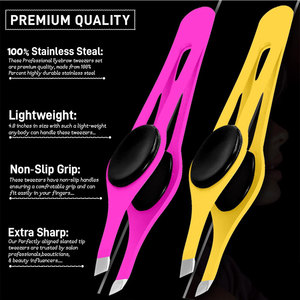 SET 2 Pinzas profesionales para pestañas de acero inoxidable con punta inclinada Pinzas antideslizantes para el vello facial con punta inclinada en amarillo y rosa - Product Image 4