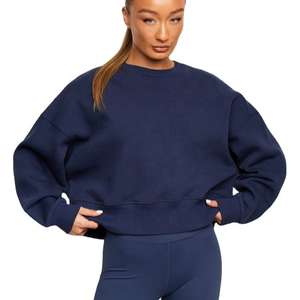 100% coton bleu marine uni vierge en gros personnalisé surdimensionné femmes sweat à capuche à col rond - Product Image 2