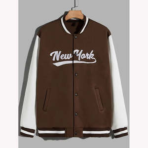 Chaqueta Universitaria para Hombre, Color Marrón Sólido, 100% Lana, Manga de Cuero, Cuello Alto, Botones, Chaquetas Varsity para Hombre, Venta al Por Mayor - Product Image 5