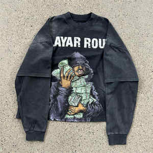 Sudadera de cuello redondo extragrande de manga larga 100% algodón para hombre, de punto liso, lavado ácido, de secado rápido, para fitness, con estampado de logotipo personalizado, de alta calidad. - Product Image 1