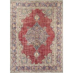Alfombra Vintage de Lana 9x12 Roja y Naranja, Anudada a Mano, con Diseño de Medallón Abstracto Rectangular, para Pasillo, Entrada, Sala de Estar - Product Image 1