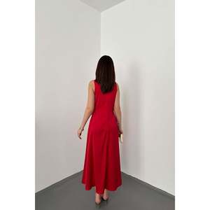 Vestido Rojo Satinado con Cuello en V y Hombros con Hebillas - Rojo - Product Image 5