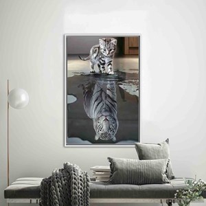 Toile imprimée avec motif de chat et de tigre élégant - Décoration murale moderne, encadrée en blanc - Product Image 1