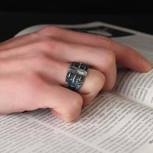 Anillo Azuris para Hombre de Plata de Ley 925 Turca, Joyería de Estilo Otomano con Piedra Natural Negra, Hecho en Turquía VALKH1386 - Product Image 2