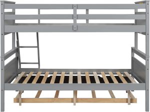 Solid Wood Twin Full Size <strong>Bed</strong> Frame <strong>Trundle</strong> Gray Safety Guardrails Ladder Sturdy <strong>Slats</strong> Space Saving Design No Spring Box Needed