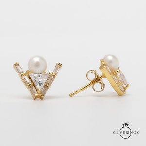 NOVAMART Fine Silverings 925 Sterling <b>Silver</b> Gatsby Pearl <b>Stud</b> and Drop Earrings with Diamond Geometric Water Design Trendy Jewe - Product Image 1