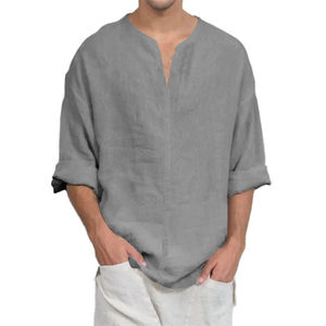 T-shirt à manches longues en coton et lin pour homme, décontracté, uni, léger, respirant, confortable, hauts de mode masculine - Product Image 5