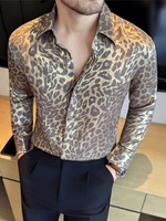 Chemise de luxe à imprimé léopard doré pour homme, automne 2025, chemise décontractée à manches longues de haute qualité, chemise de cérémonie, costume de soirée