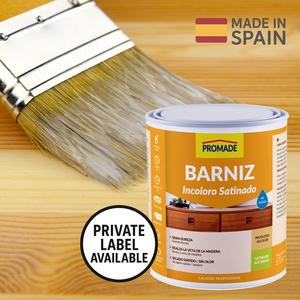 Vernis pour bois d'intérieur à base d'eau OEM, finition satinée transparente, faible odeur, résistant aux rayures, étiquette privée disponible, 375 ml - Product Image 1