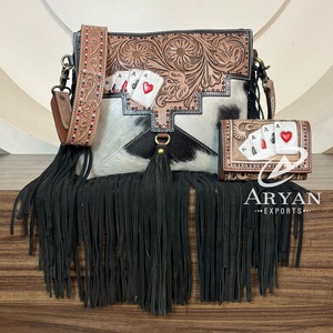 Conjunto combinado de 2 piezas de piel de vaca auténtica de alta calidad para mujer, conjunto de bolso de hombro y cartera corta de piel de vaca a mano OEM ODM - Product Image 1