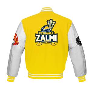 Vestes en cuir jaunes et blanches de haute qualité avec broderie en chenille personnalisée pour équipes sportives, veste bomber vintage en gros - Product Image 6