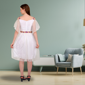 Vestido de noche de tul blanco elegante hecho a mano para mujer correas adornadas florales y mangas con volantes para fiestas informales de fin de semana - Product Image 4